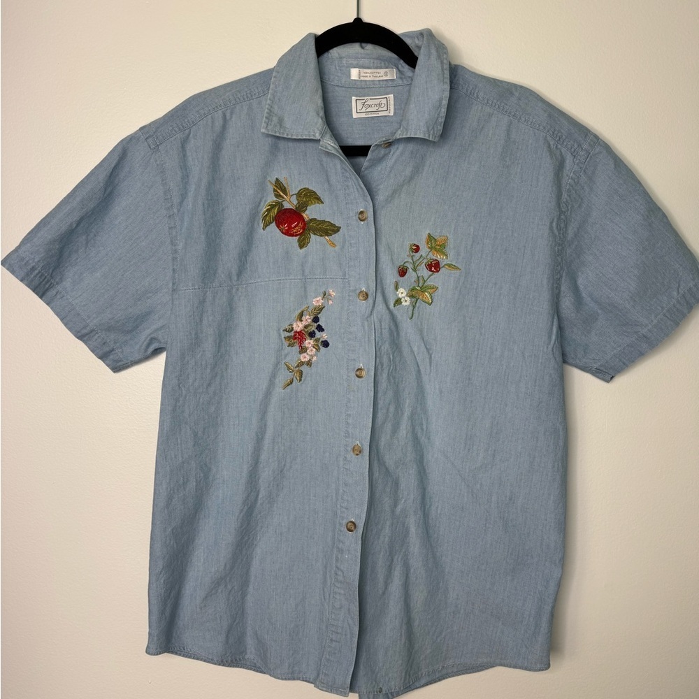 Vintage Foxcroft fruits embroidery chambray denim blouse